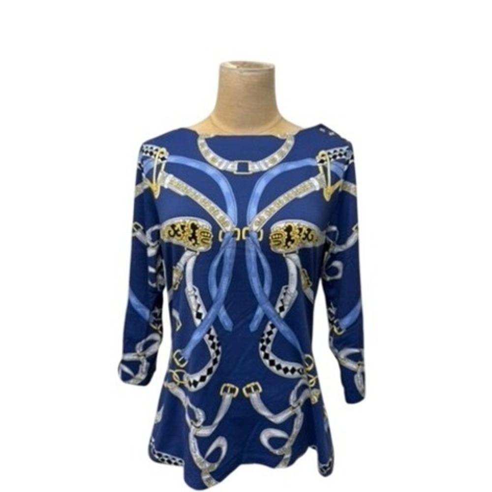 "J McLaughlin" Navy Blue Belt Print Catalina Boat Neck‎ Top Women Size L